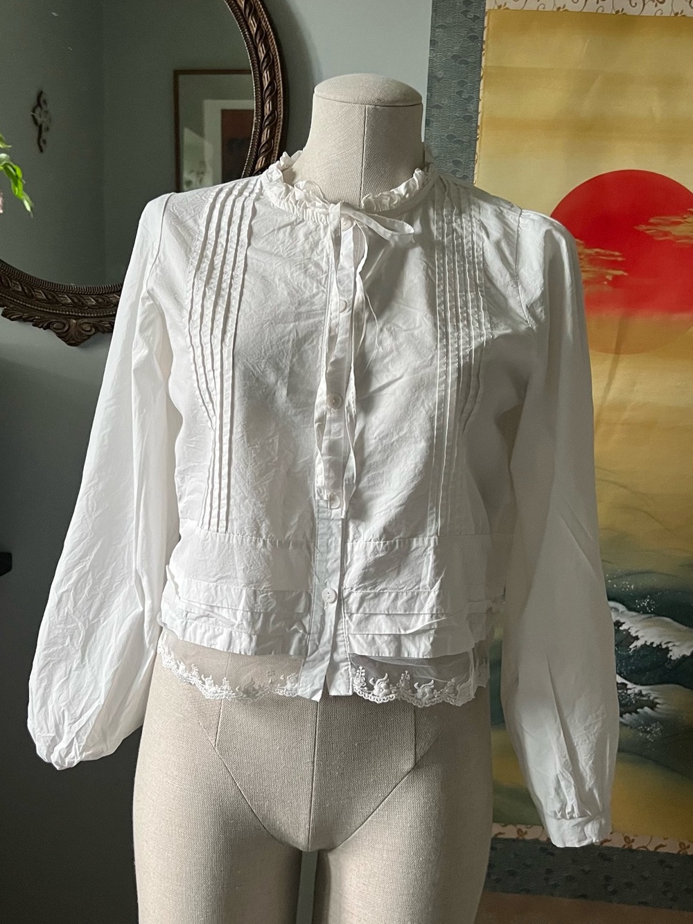 twik White Ruffled Pintuck Button-Front Blouse